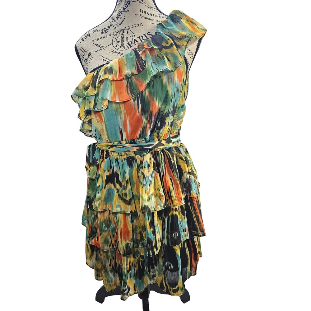 Poetry Clothing Women One Shoulder Ruffle Tiered Mini Dress Abstract Print‎ L